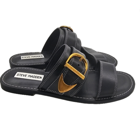 Steve Madden Sivan Double-Strap Slide Sandals – Black Leather – Size 6 – - Picture 1 of 10